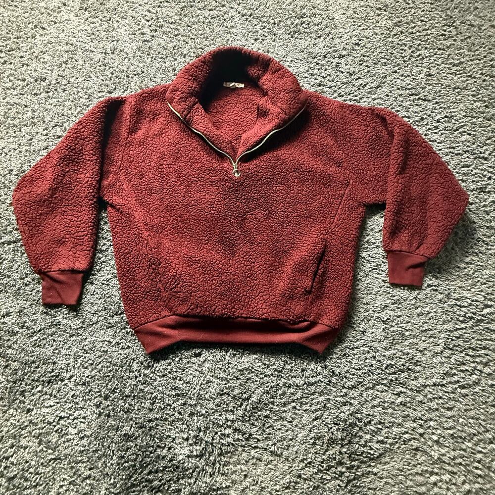 Express One Eleven Burgundy Sherpa Fleece Quarter Zip Pullover Oversized Cozy XS